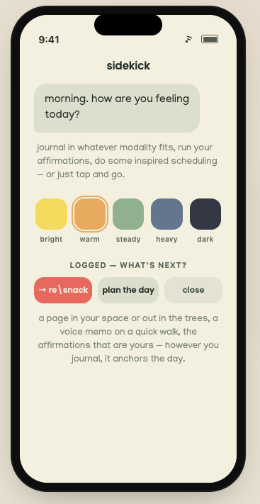 Sidekick mood check-in with bright, warm, steady, heavy, and dark choices